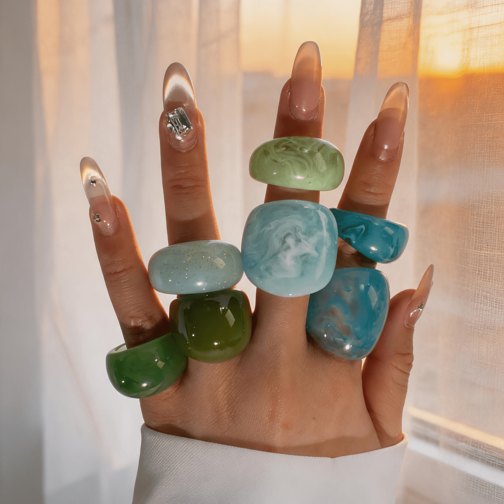 7pc Women's Green & Blue Wide Resin Ring Set, Vacation Style